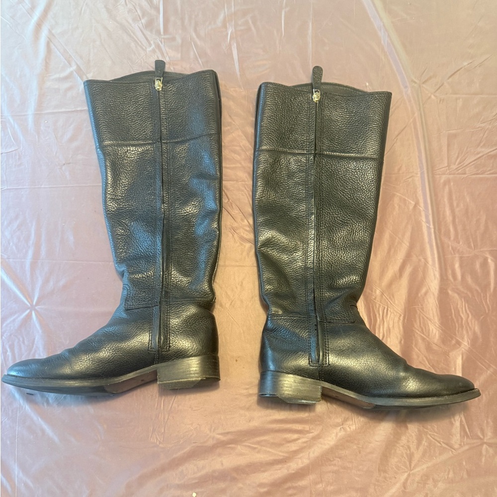 Tory Burch Junction Black Pebbled Leather Tall Riding Boots Gold Logo Size 7 - Picture 5 of 13